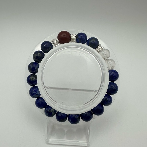Cinnabar, Lapis Lazuli, and Clear Quartz Beaded Bracelet (Red, White, and Blue) - Picture 3 of 6